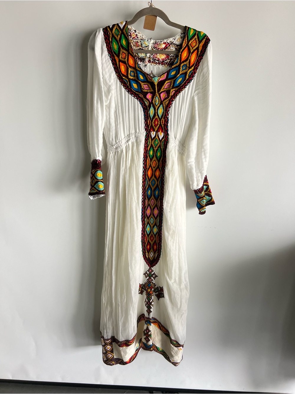 White Embroidered V-Neck Maxi Dress with Multicolor Trim